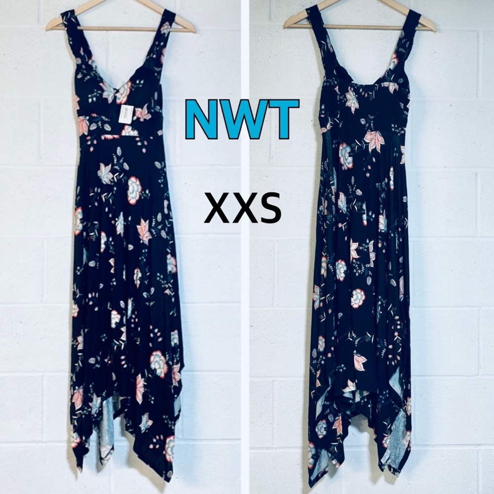NWT (XXS) sundress padded bust shelf bra long midi dress shark hem black floral